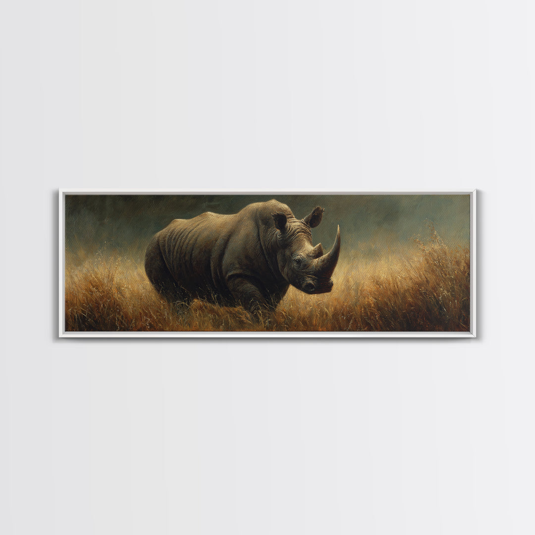 Rhino in Dramatic Stormy Light Canvas Print, Wildlife Art, Rustic Home Decor, Living Room Decor, Fine Art, Wild, WIL-3x1-24