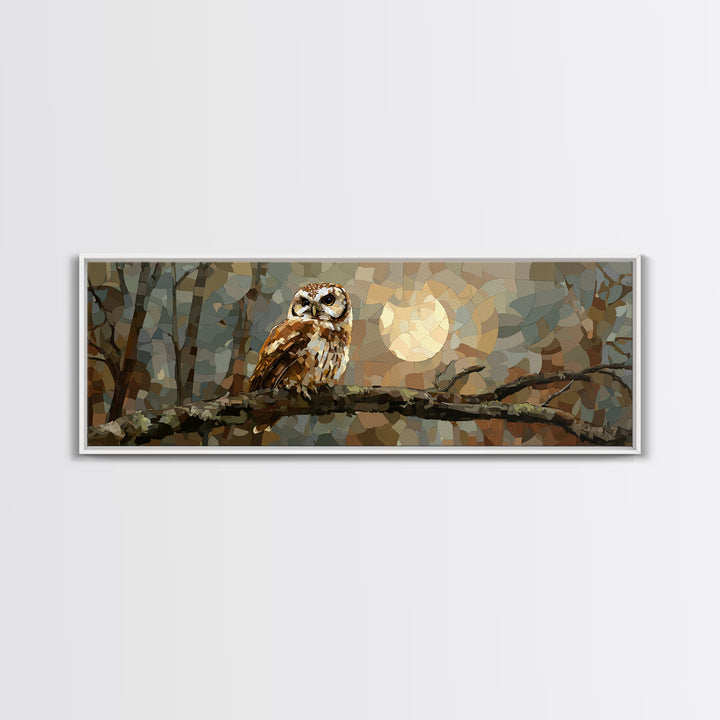 Owl Perched in Moonlit Woodland Framed Canvas Print, Wildlife Art, Forest Wall Art, Living Room Decor, Oil Painting, Wild, WIL-3x1-28