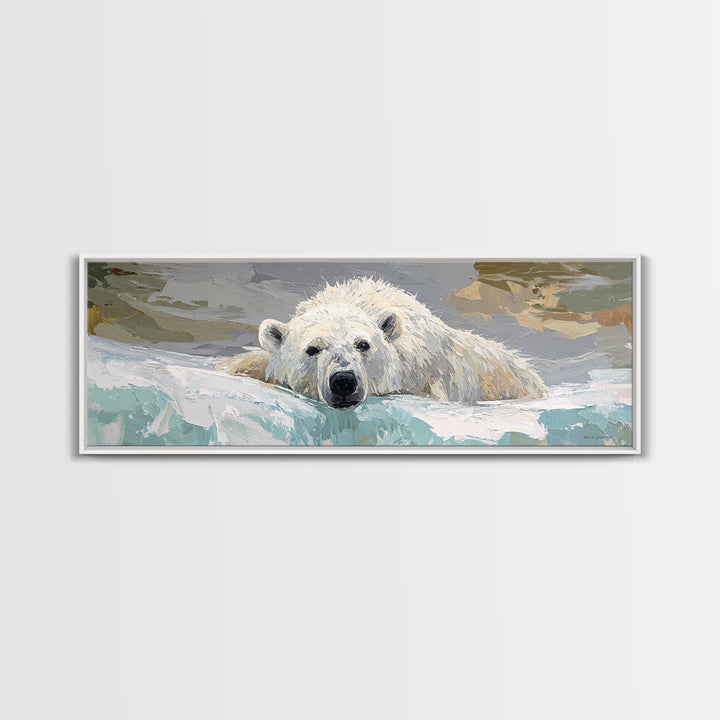 Polar Bear Crossing Blue Ice Canvas Print, Wildlife Art, Luxury Decor, Living Room Decor, Abstract Art, Wild, Oil Painting, WIL-3x1-31