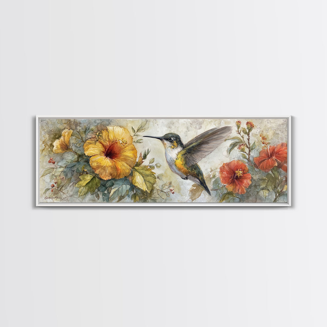 Hummingbird Beside Bright Flowers Framed Canvas Print, Wildlife Art, Unique Home Decor, Living Room Decor, Fine Art, Wild, WIL-3x1-32