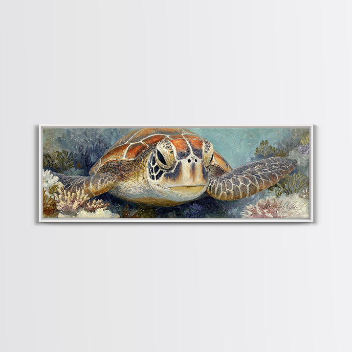 Sea Turtle over Coral Reef Canvas Print, Wildlife Art, Digital Wall Art, Living Room Decor, Abstract Art, Wild, Modern Art, WIL-3x1-34