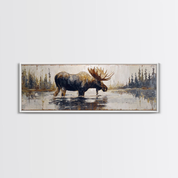 Moose Standing in Reflective Lake Canvas Print, Wildlife Art, Living Room Decor, Oil Painting, Wild, Digital Wall Art, WIL-3x1-35