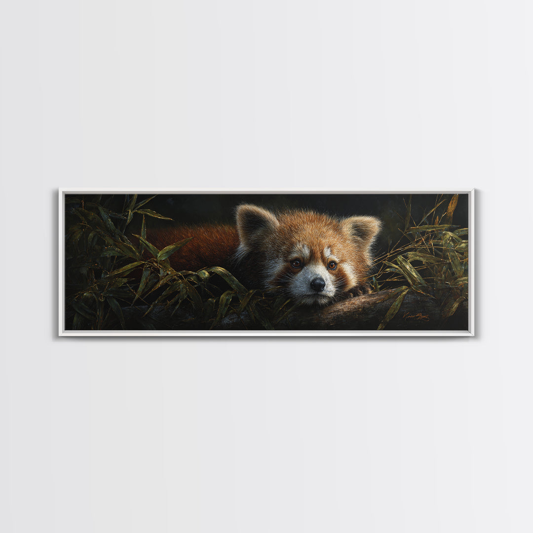 Red Panda Among Bamboo Leaves Canvas Print, Wildlife Art, Original Artwork, Living Room Decor, Fine Art, Wild, Minimalist Decor, WIL-3x1-36