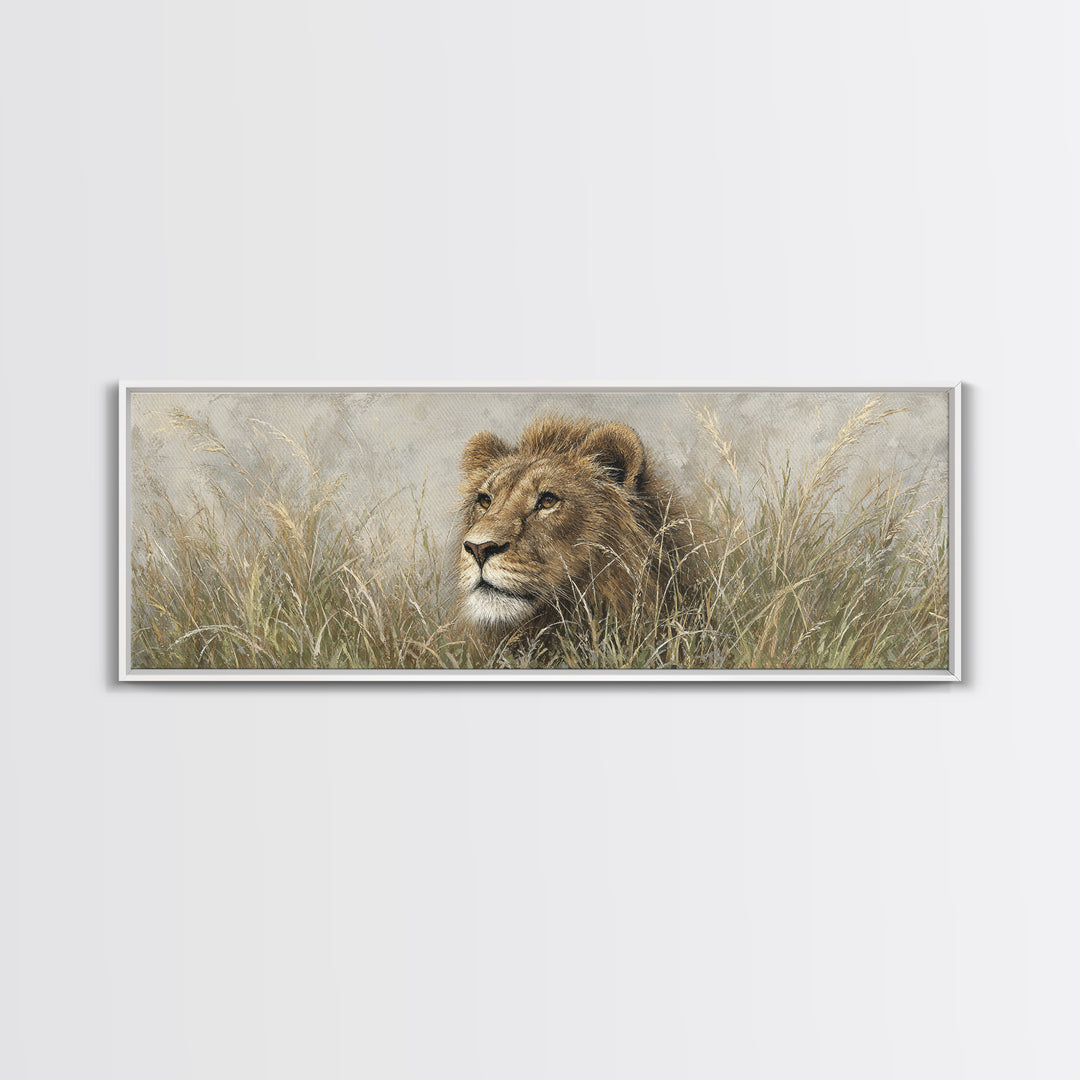 Lion Emerging from Golden Savanna Grass Canvas Print, Wildlife Art, Living Room Art, Living Room Decor, Watercolor Art, Wild, WIL-3x1-41