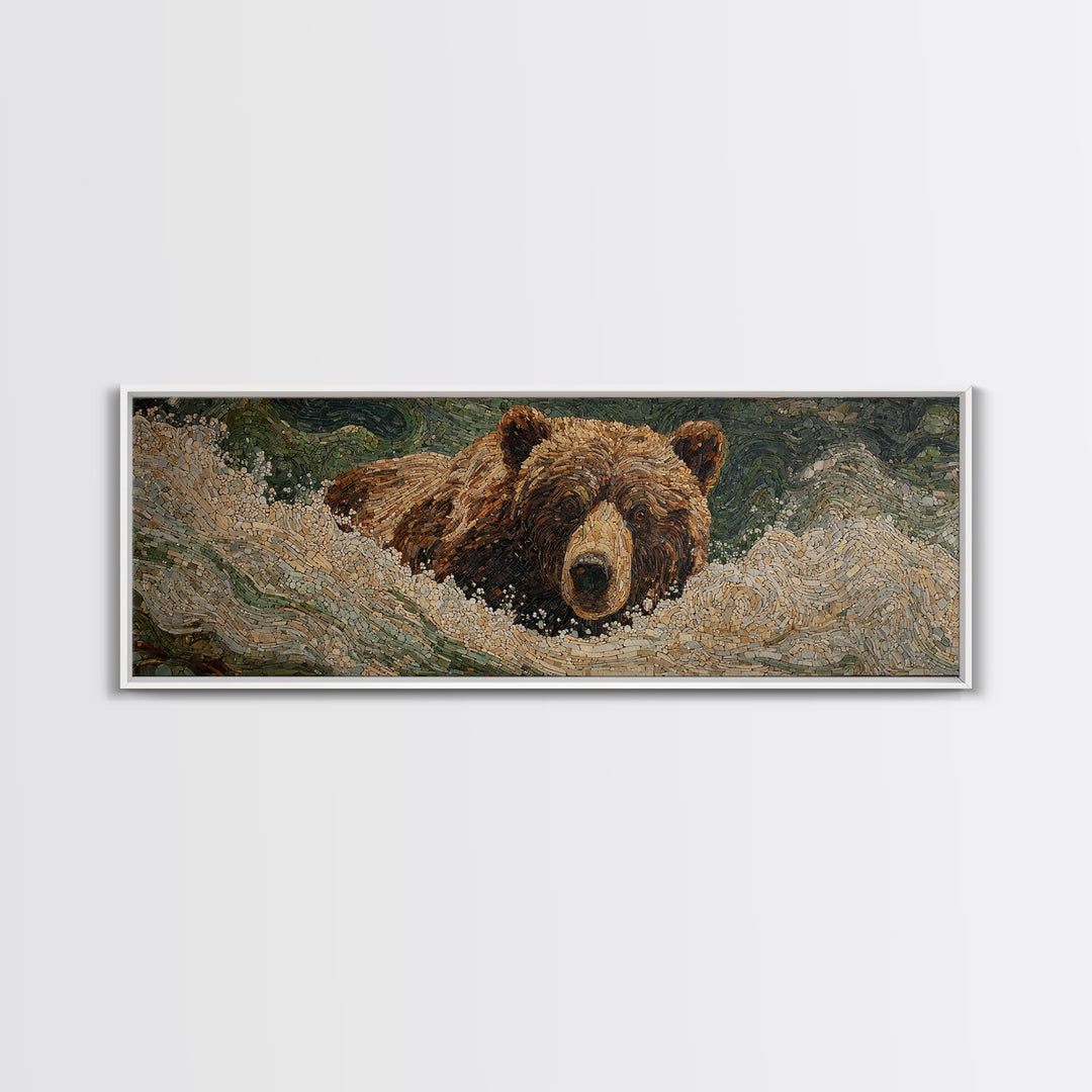 Bear Fishing in Rushing Mountain River Framed Canvas Print, Wildlife Art, Neutral Decor, Living Room Decor, Fine Art, Wild, WIL-3x1-44