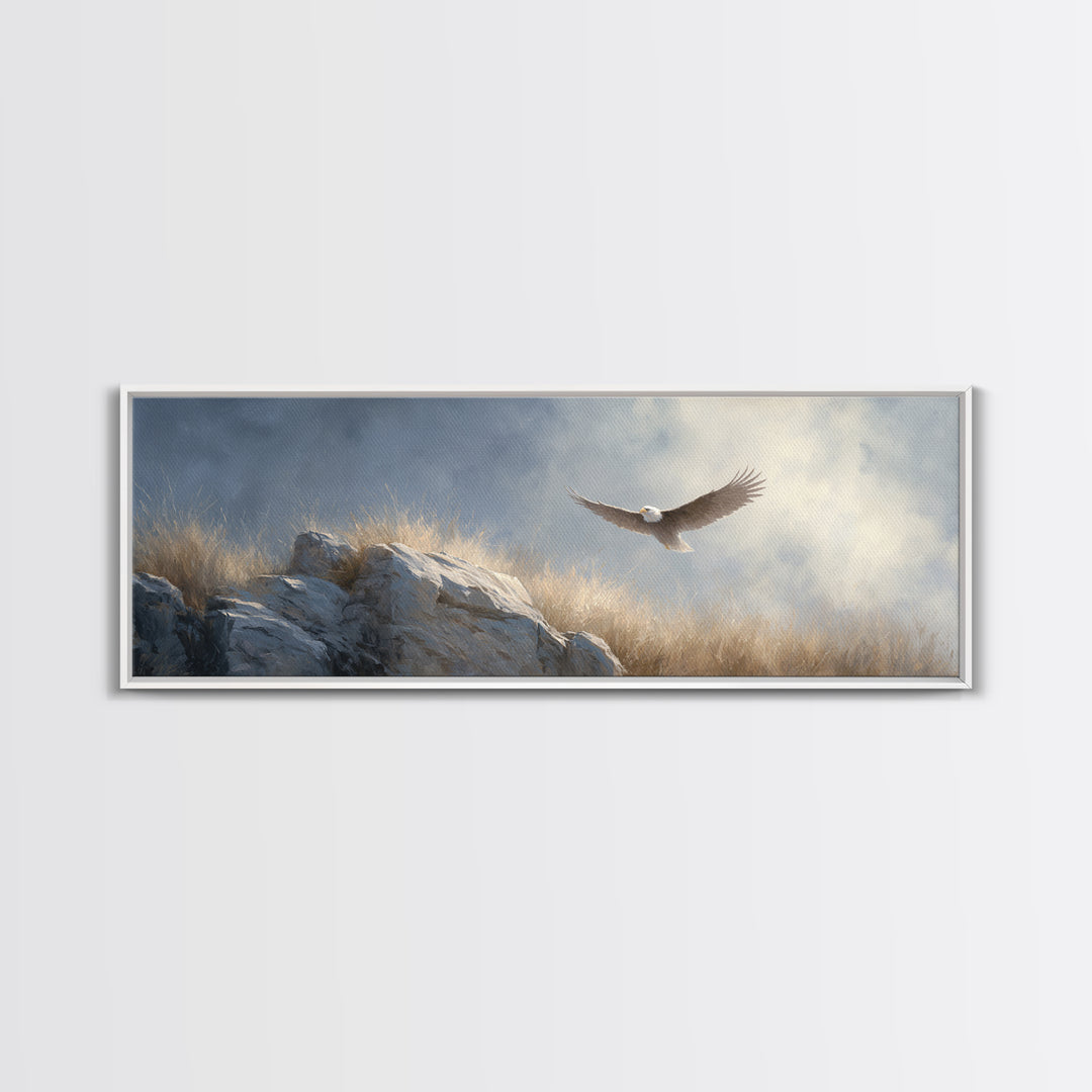 Eagle Soaring Above Rocky Cliffs Canvas Print, Wildlife Art, Canvas Print, Living Room Decor, Fine Art, Wild, Forest Wall Art, WIL-3x1-46