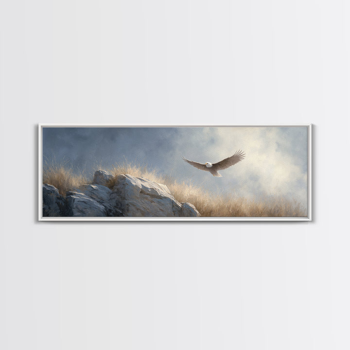 Eagle Soaring Above Rocky Cliffs Canvas Print, Wildlife Art, Canvas Print, Living Room Decor, Fine Art, Wild, Forest Wall Art, WIL-3x1-46