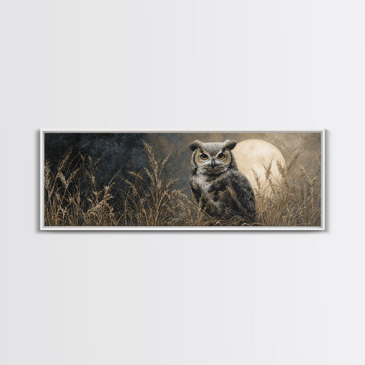 Owl Perched in Moonlit Woodland Framed Canvas Print, Wildlife Art, Room Decor, Living Room Decor, Abstract Art, Wild, WIL-3x1-52