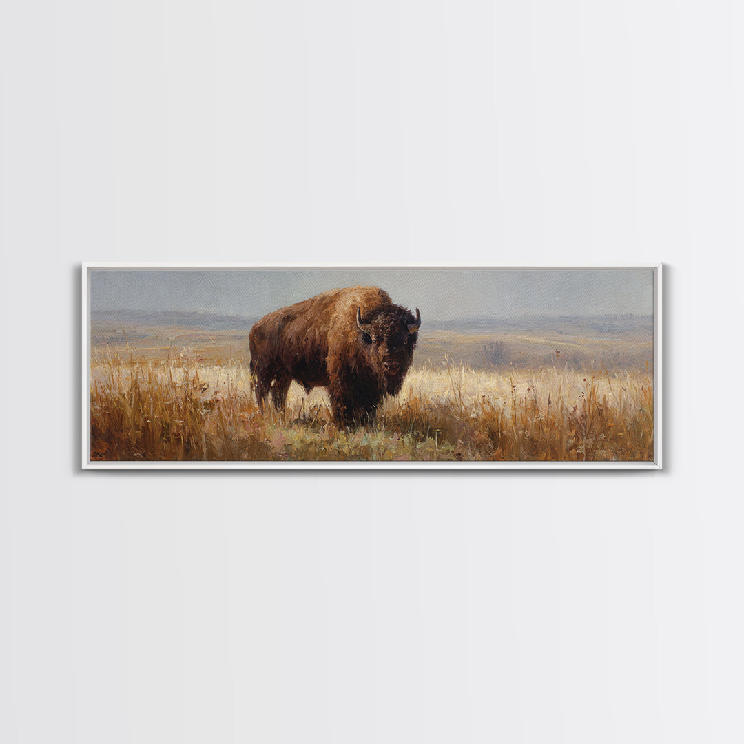Bison on Wide Western Prairie Framed Canvas Print, Wildlife Art, Landscape Art, Living Room Decor, Fine Art, Wild, Modern Decor, WIL-3x1-53