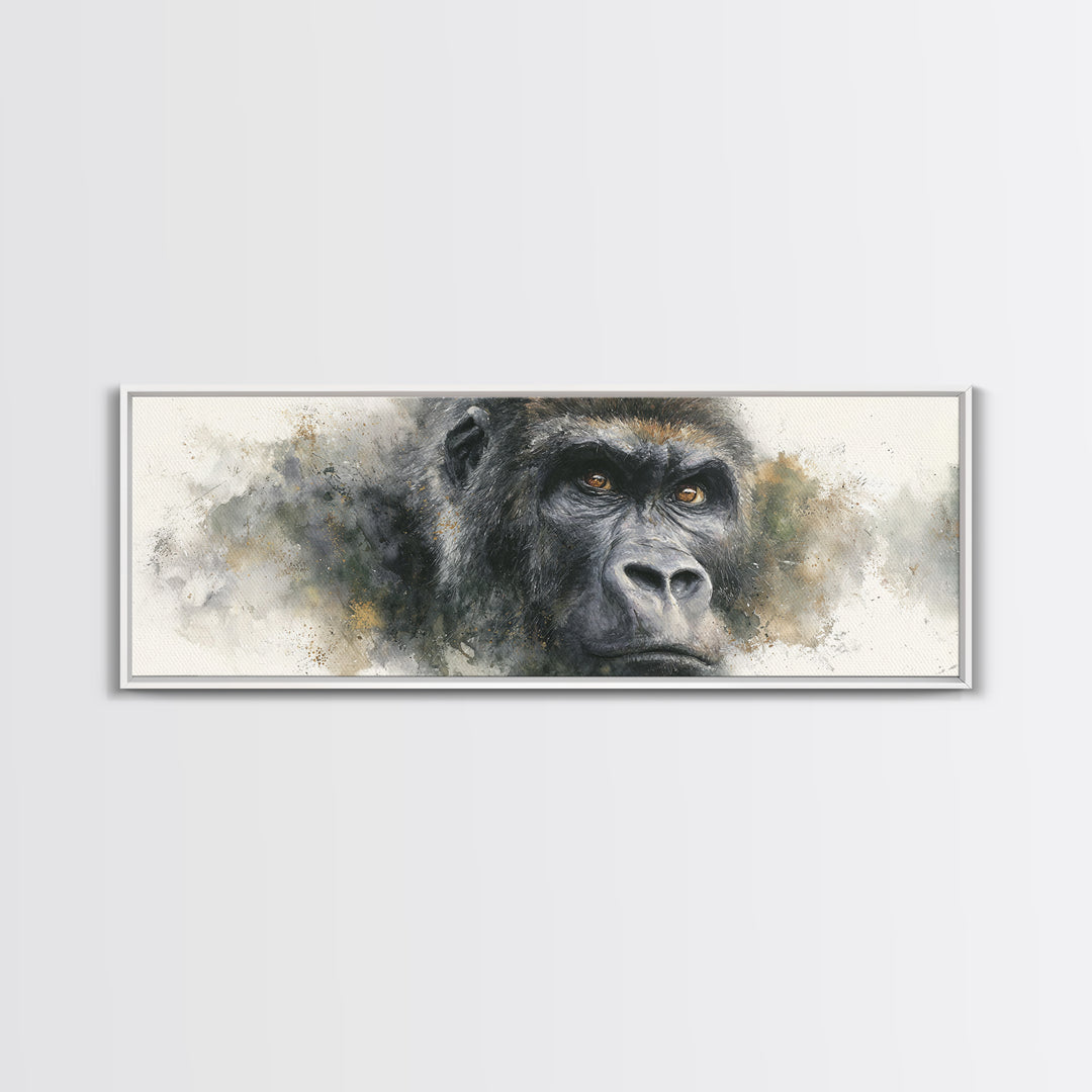 Gorilla Portrait with Powerful Gaze Framed Canvas Print, Wildlife Art, Leopard Wall Art, Living Room Decor, Fine Art, Wild, WIL-3x1-57