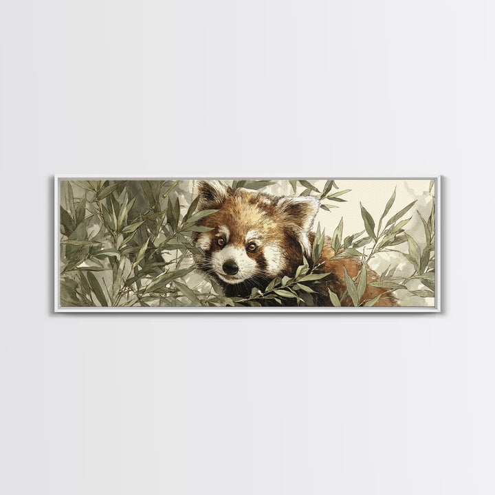 Red Panda Among Bamboo Leaves Framed Canvas Print, Wildlife Art, Boho Decor, Living Room Decor, Fine Art, Wild, Painting, WIL-3x1-60