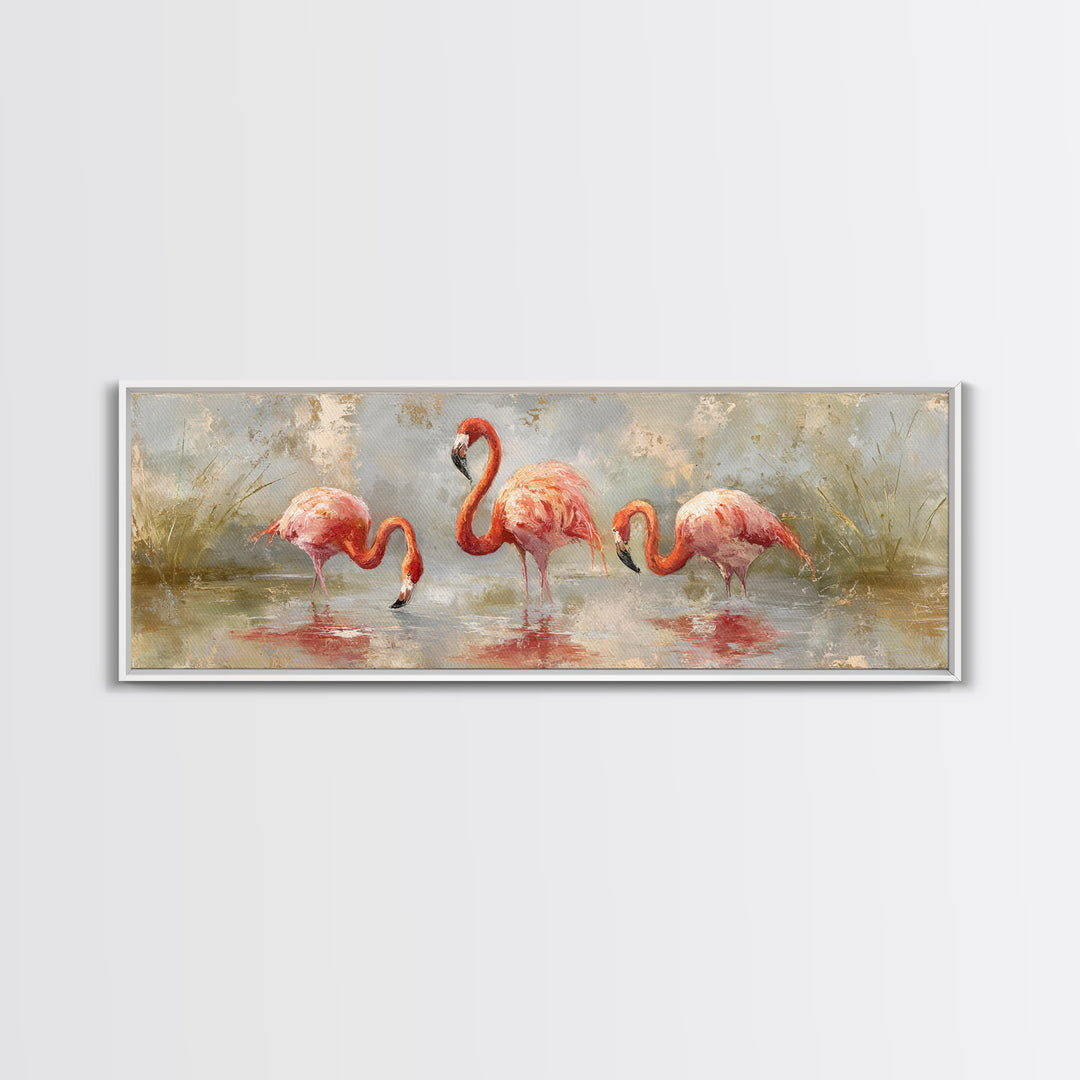 Flamingos in Pink Shallow Water Canvas Print, Wildlife Art, Gallery Decor, Living Room Decor, Oil Painting, Wild, WIL-3x1-62