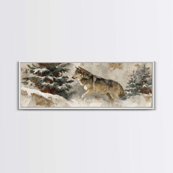 Wolf Standing Beneath Snowy Pine Trees Framed Canvas Print, Wildlife Art, Large Wall Art, Living Room Decor, Abstract Art, Wild, WIL-3x1-67