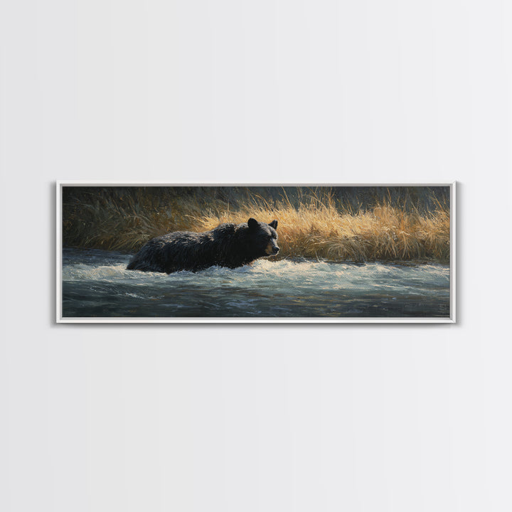 Bear Fishing in Rushing Mountain River Framed Canvas Print, Wildlife Art, Living Room Decor, Watercolor Art, Wild, WIL-3x1-68