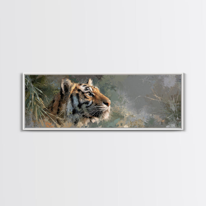 Tiger Portrait with Jungle Shadows Framed Canvas Print, Wildlife Art, Canvas Painting, Living Room Decor, Fine Art, Wild, WIL-3x1-69