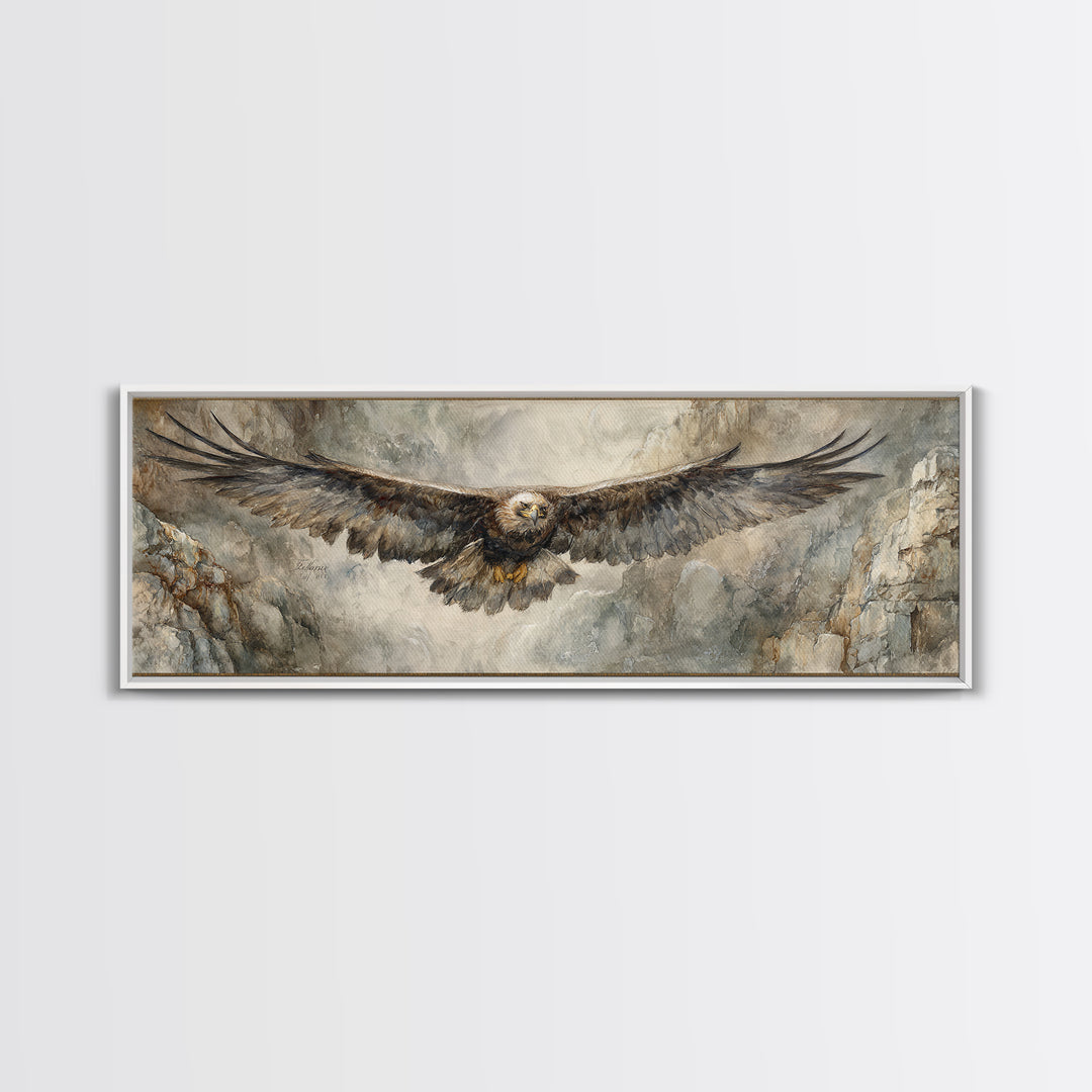 Eagle Soaring Above Rocky Cliffs Canvas Print, Wildlife Art, Art Print, Living Room Decor, Oil Painting, Wild, Digital Wall Art, WIL-3x1-70