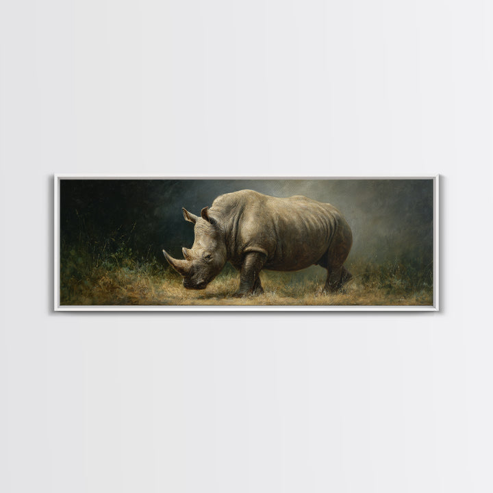 Rhino in Dramatic Stormy Light Framed Canvas Print, Wildlife Art, Wall Art, Living Room Decor, Fine Art, Wild, Modern Wall Art, WIL-3x1-72