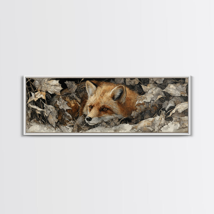 Fox in Autumn Forest Leaves Framed Canvas Print, Wildlife Art, Bird Wall Art, Living Room Decor, Oil Painting, Wild, WIL-3x1-73