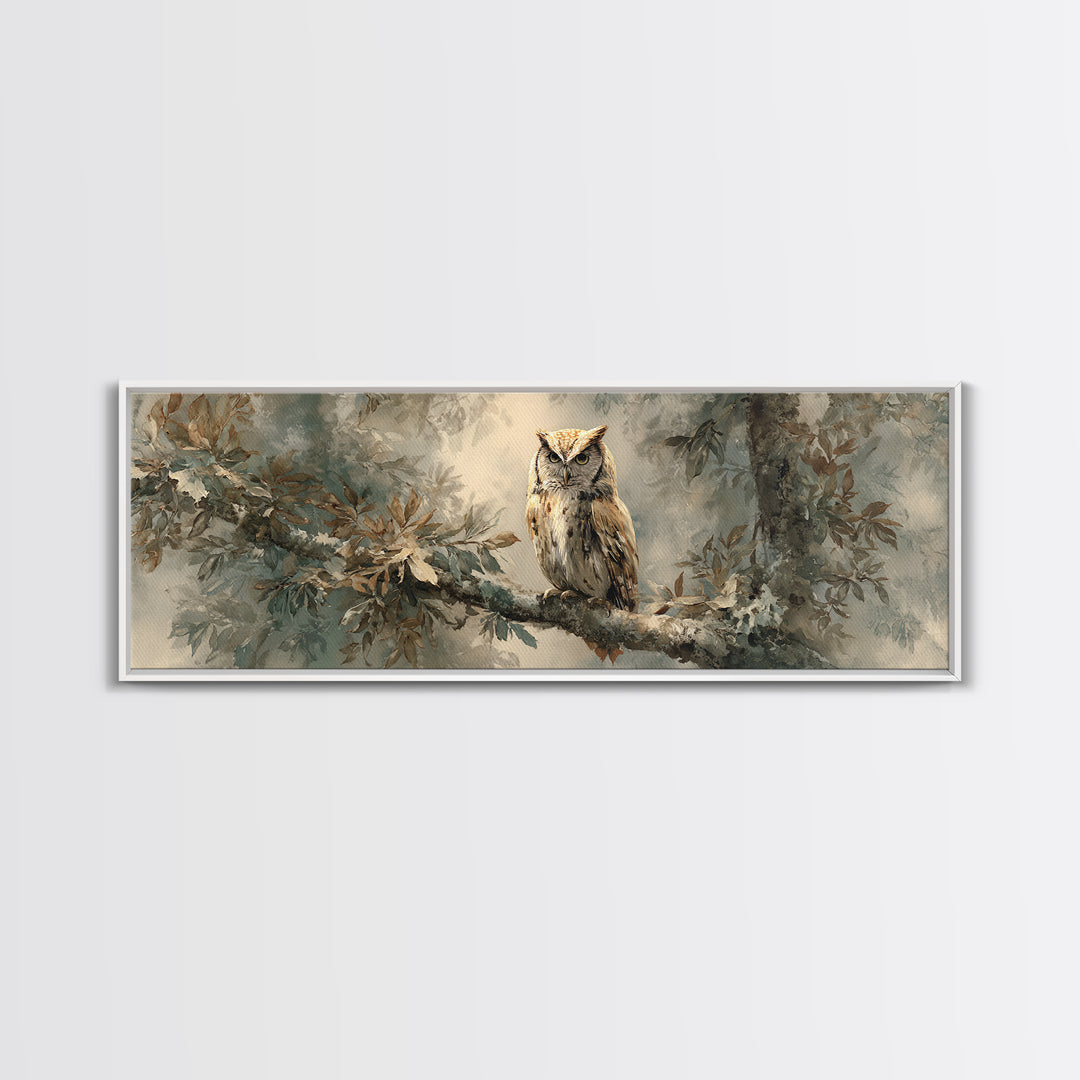 Owl Perched in Moonlit Woodland Canvas Print, Wildlife Art, Home Decor, Living Room Decor, Fine Art, Wild, Boho Wall Decor, WIL-3x1-76