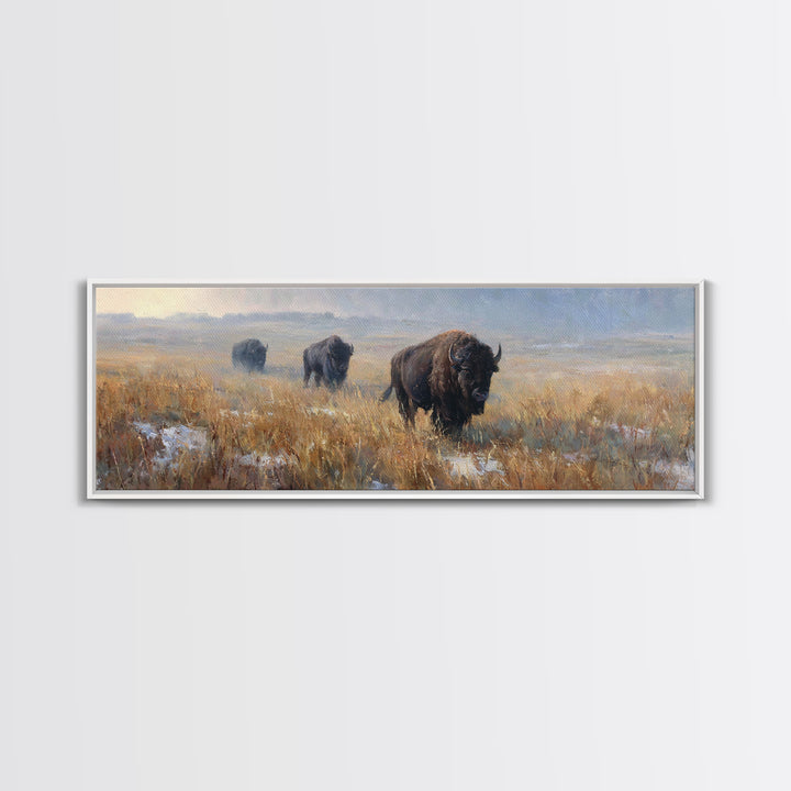 Bison on Wide Western Prairie Framed Canvas Print, Wildlife Art, Landscape Art, Living Room Decor, Fine Art, Wild, Modern Decor, WIL-3x1-77
