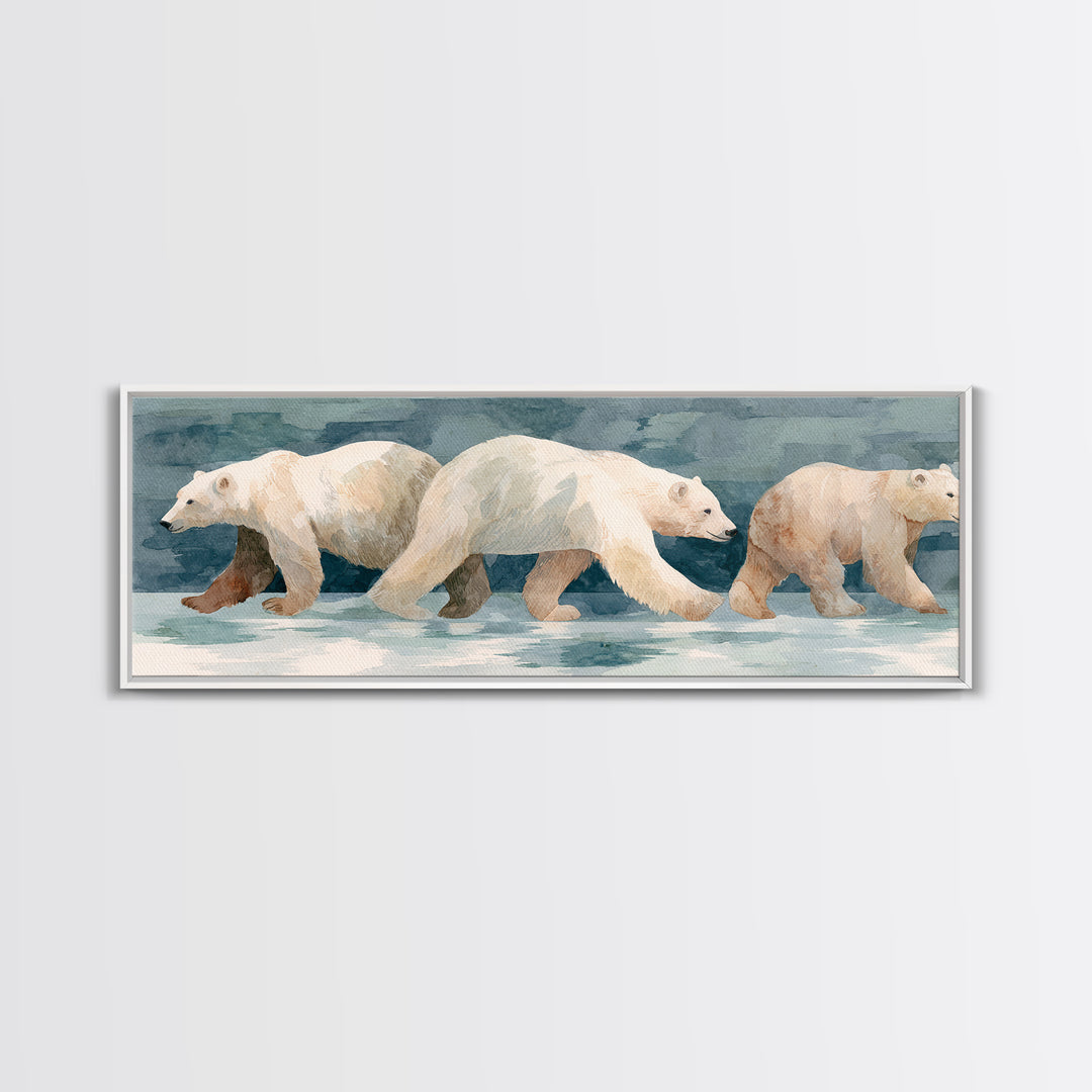 Polar Bear Crossing Blue Ice Framed Canvas Print, Wildlife Art, Living Room Decor, Oil Painting, Wild, Living Room Art, WIL-3x1-79