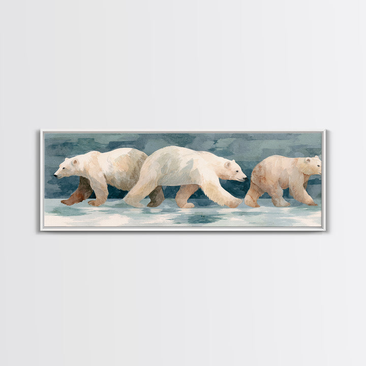 Polar Bear Crossing Blue Ice Framed Canvas Print, Wildlife Art, Living Room Decor, Oil Painting, Wild, Living Room Art, WIL-3x1-79