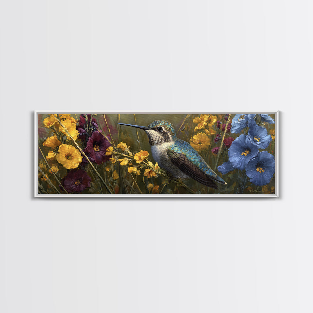 Hummingbird Beside Bright Flowers Canvas Print, Wildlife Art, Living Room Art, Living Room Decor, Watercolor Art, Wild, WIL-3x1-8