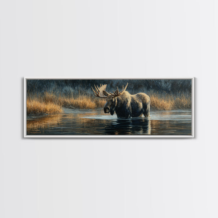 Moose Standing in Reflective Lake Canvas Print, Wildlife Art, Oil Painting, Living Room Decor, Fine Art, Wild, Bedroom Wall Art, WIL-3x1-83