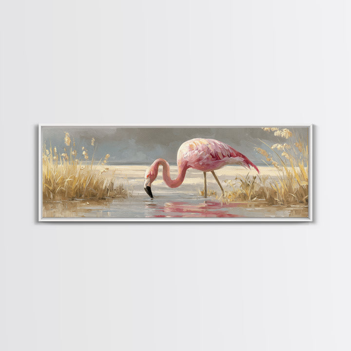 Flamingos in Pink Shallow Water Canvas Print, Wildlife Art, Canvas Wall Art, Living Room Decor, Watercolor Art, Wild, WIL-3x1-86