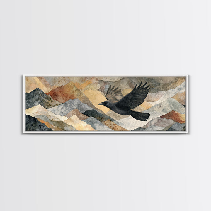 Raven Flying Through Snowy Mountains Canvas Print, Wildlife Art, Minimalist Decor, Living Room Decor, Fine Art, Wild, WIL-3x1-88