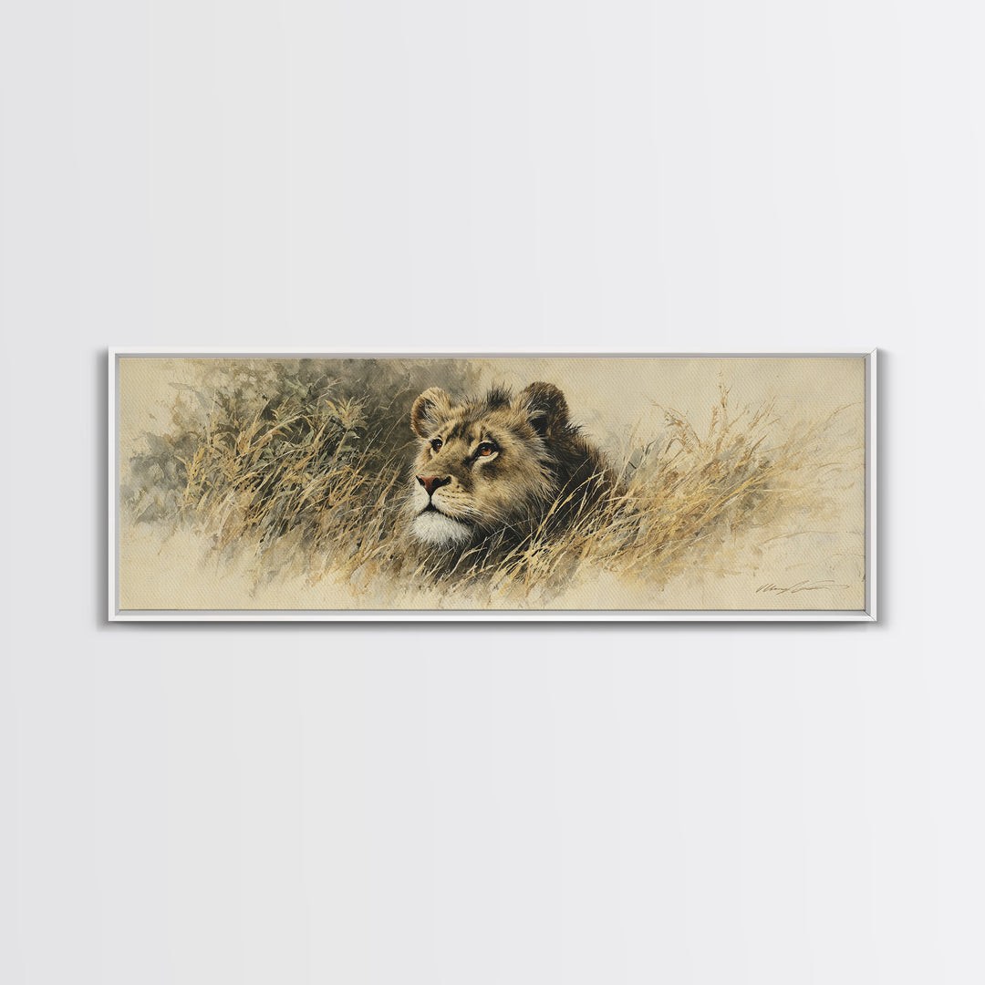 Lion Emerging from Golden Savanna Grass Framed Canvas Print, Wildlife Art, Unique Home Decor, Living Room Decor, Oil Painting, WIL-3x1-89
