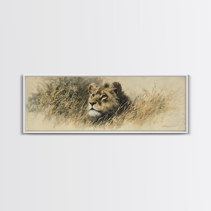 Lion Emerging from Golden Savanna Grass Framed Canvas Print, Wildlife Art, Unique Home Decor, Living Room Decor, Oil Painting, WIL-3x1-89