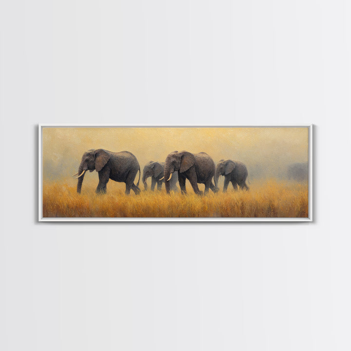 Elephant Herd Walking Through Dusty Sunset Framed Canvas Print, Wildlife Art, Landscape Art, Living Room Decor, Fine Art, Wild, WIL-3x1-90