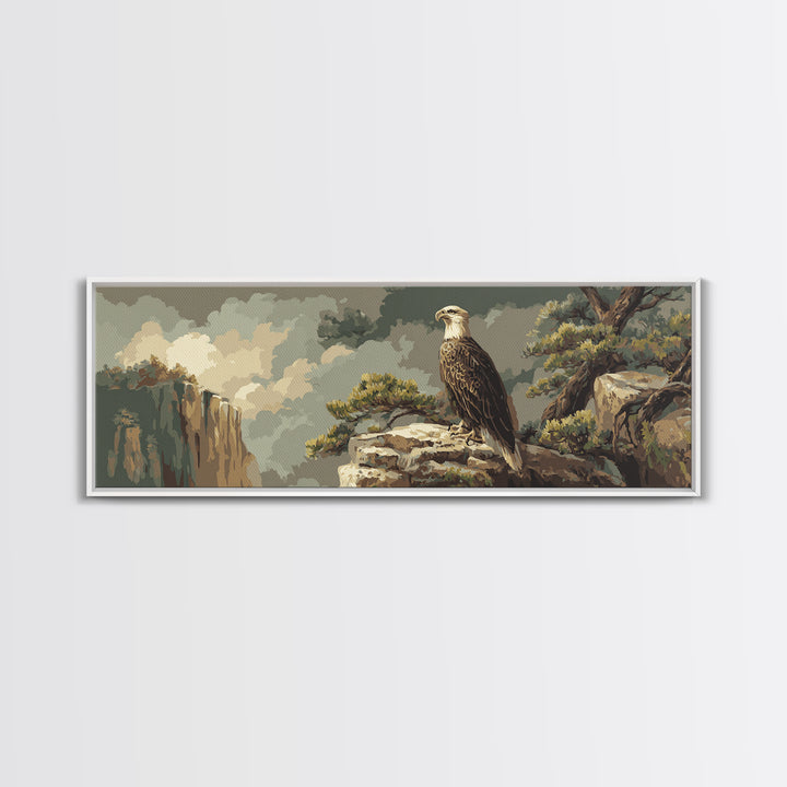 Eagle Soaring Above Rocky Cliffs Canvas Print, Wildlife Art, Bird Art, Living Room Decor, Watercolor Art, Wild, WIL-3x1-94