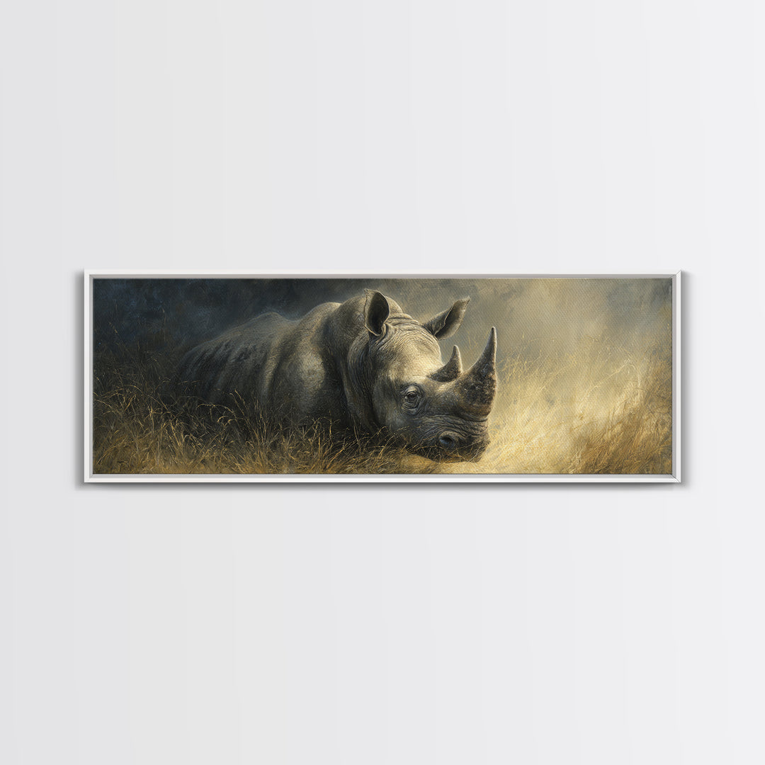 Rhino in Dramatic Stormy Light Canvas Print, Wildlife Art, Neutral Decor, Living Room Decor, Fine Art, Wild, Wall Art, WIL-3x1-96