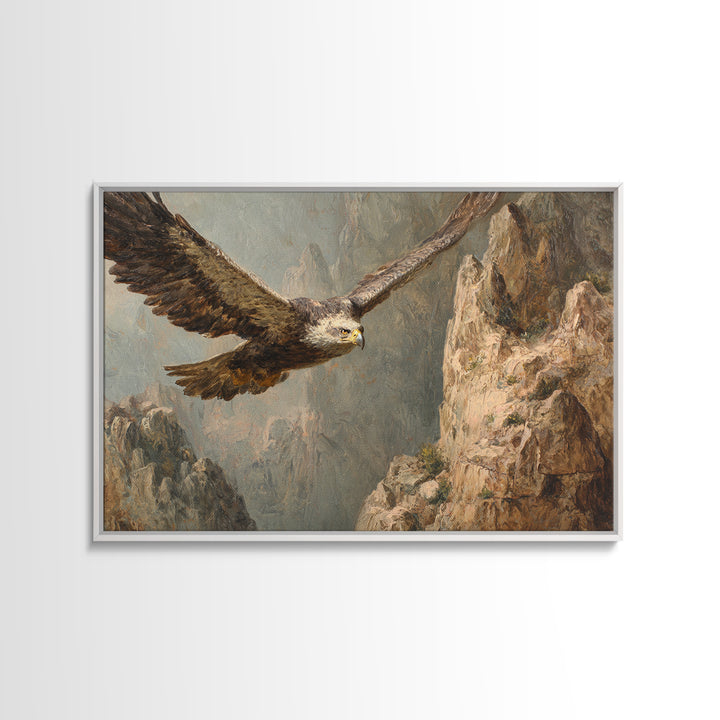 Eagle Soaring Above Rocky Cliffs Framed Canvas Print, Wildlife Art, Wall Art Print, Living Room Decor, Fine Art, Wild, WIL-3x2-10