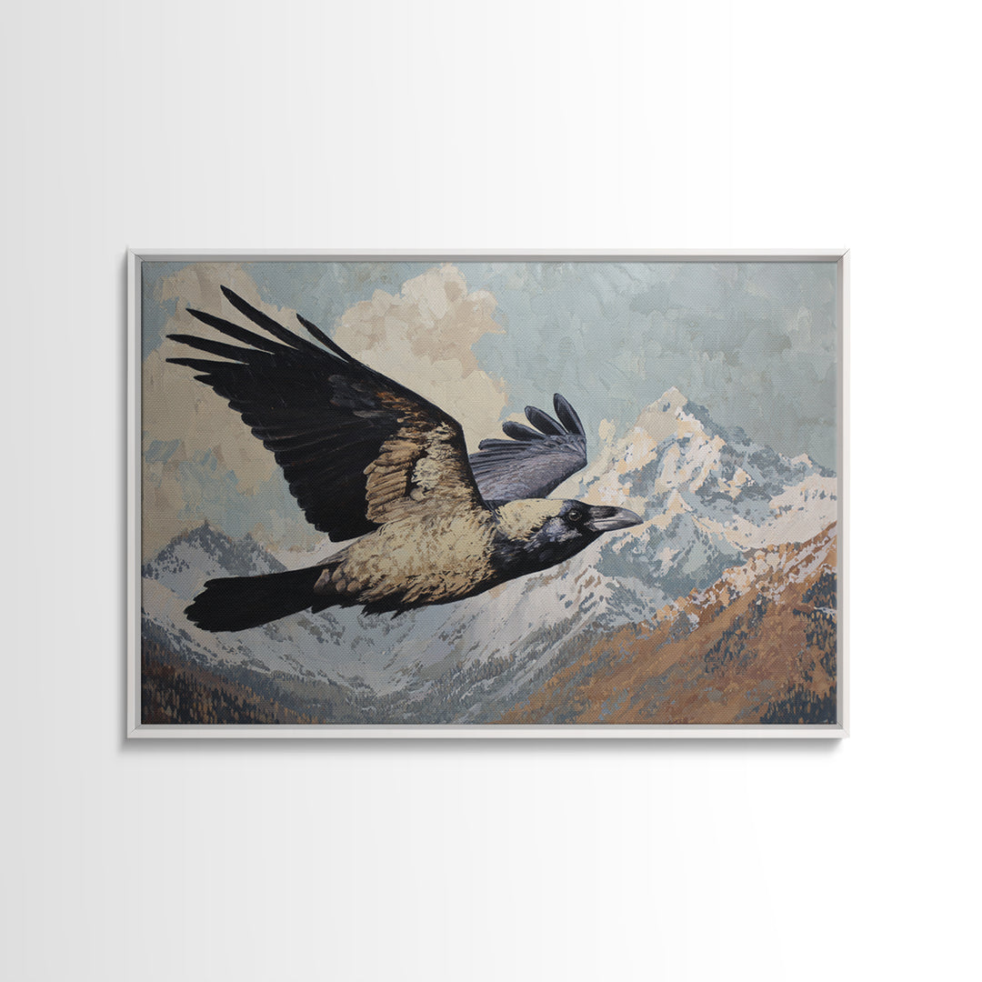 Raven Flying Through Snowy Mountains Framed Canvas Print, Wildlife Art, Fine Art Print, Living Room Decor, Fine Art, Wild, WIL-3x2-100