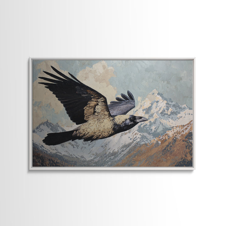 Raven Flying Through Snowy Mountains Framed Canvas Print, Wildlife Art, Fine Art Print, Living Room Decor, Fine Art, Wild, WIL-3x2-100