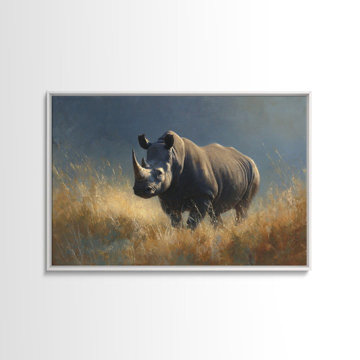 Rhino in Dramatic Stormy Light Canvas Print, Wildlife Art, Modern Wall Art, Living Room Decor, Fine Art, Wild, Bird Wall Art, WIL-3x2-12