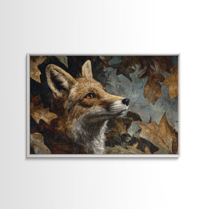 Fox in Autumn Forest Leaves Framed Canvas Print, Wildlife Art, Canvas Print, Living Room Decor, Fine Art, Wild, Forest Wall Art, WIL-3x2-13