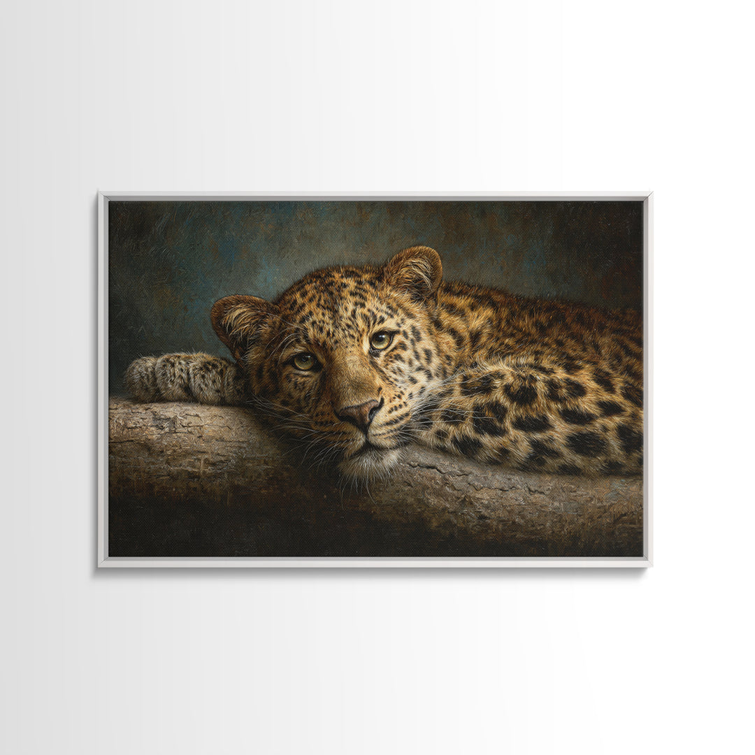 Leopard Resting on Tree Branch Framed Canvas Print, Wildlife Art, Large Wall Art, Living Room Decor, Watercolor Art, Wild, WIL-3x2-18