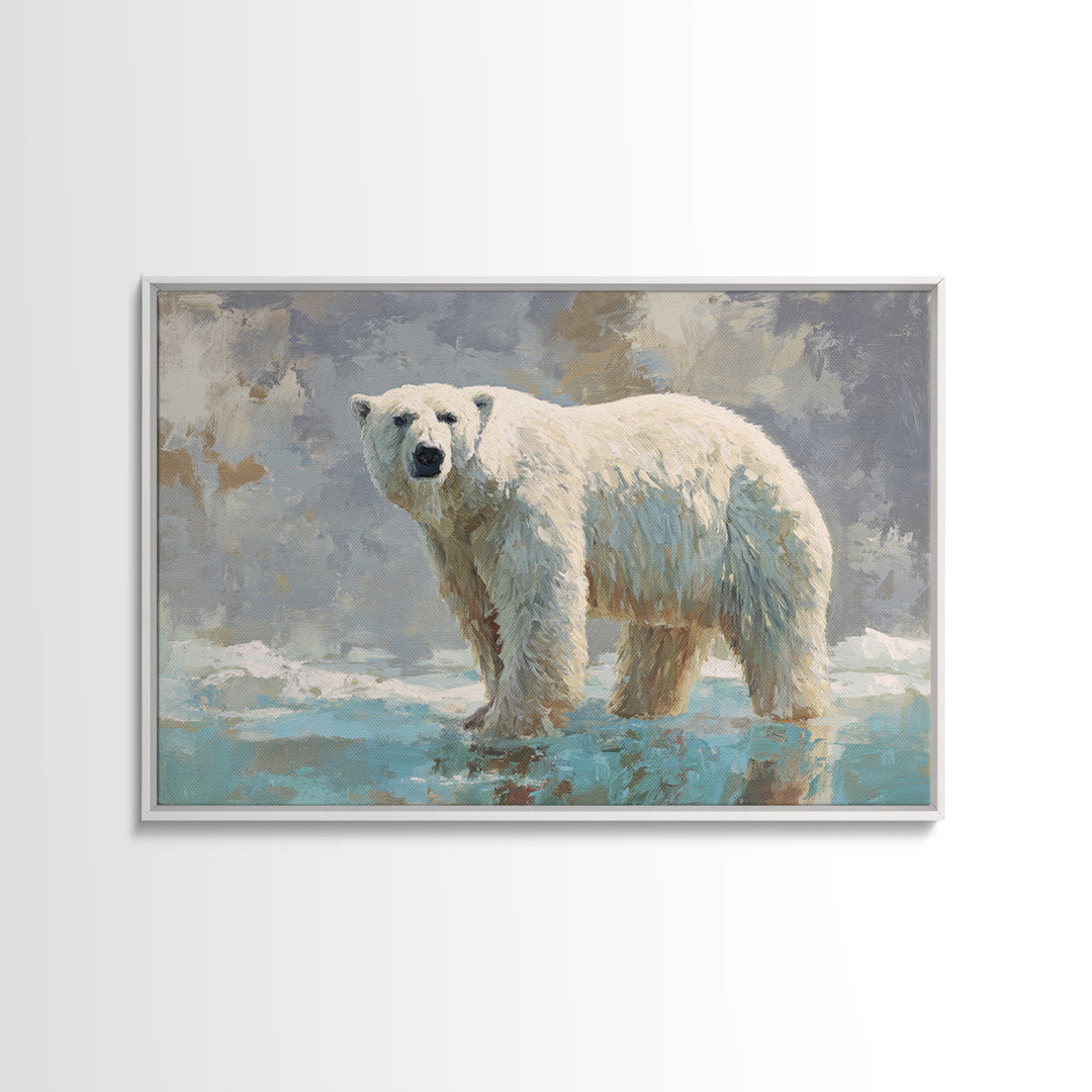 Polar Bear Crossing Blue Ice Framed Canvas Print, Wildlife Art, Living Room Art, Living Room Decor, Fine Art, Wild, Boho Decor, WIL-3x2-19