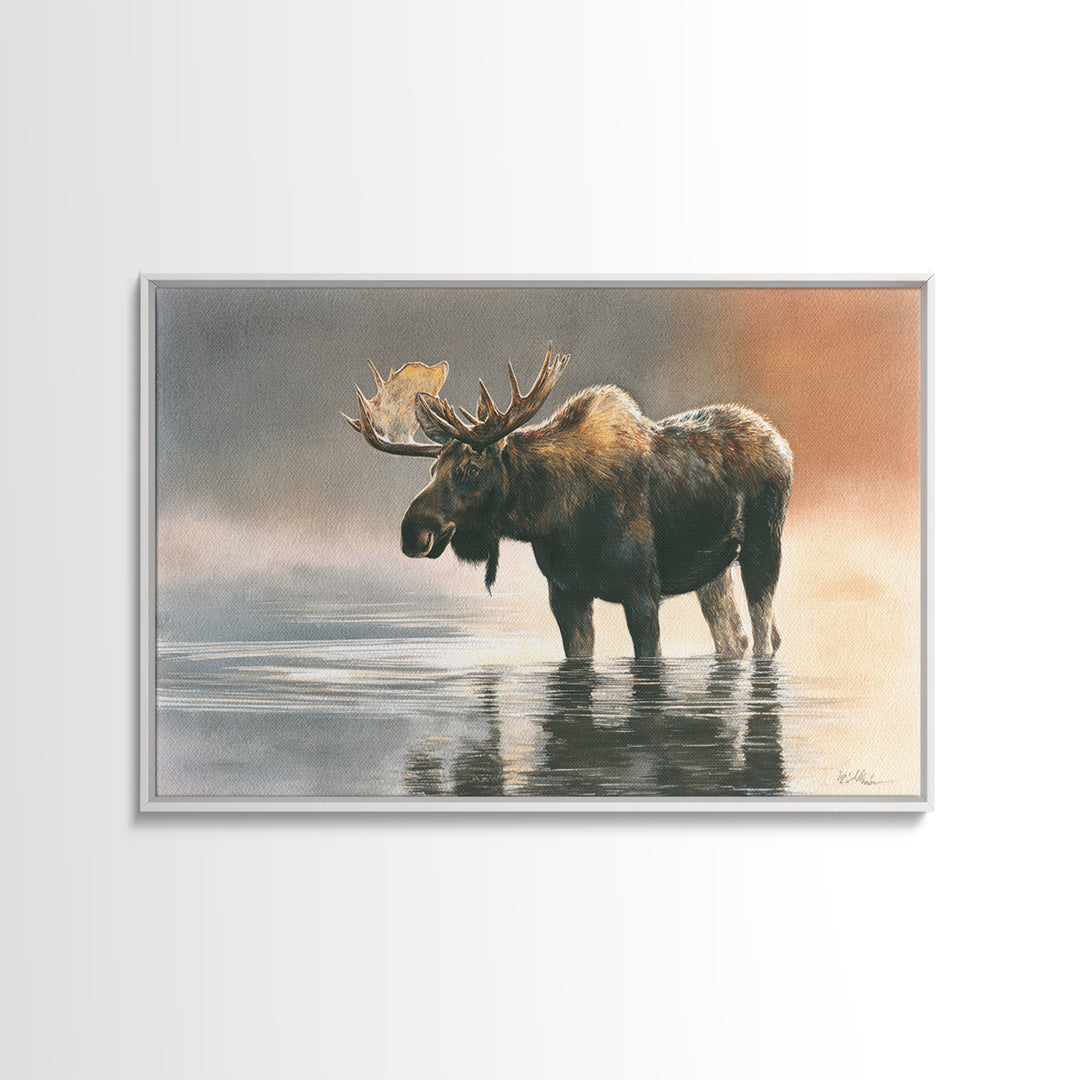 Moose Standing in Reflective Lake Framed Canvas Print, Wildlife Art, Living Room Wall Art, Living Room Decor, Oil Painting, WIL-3x2-23