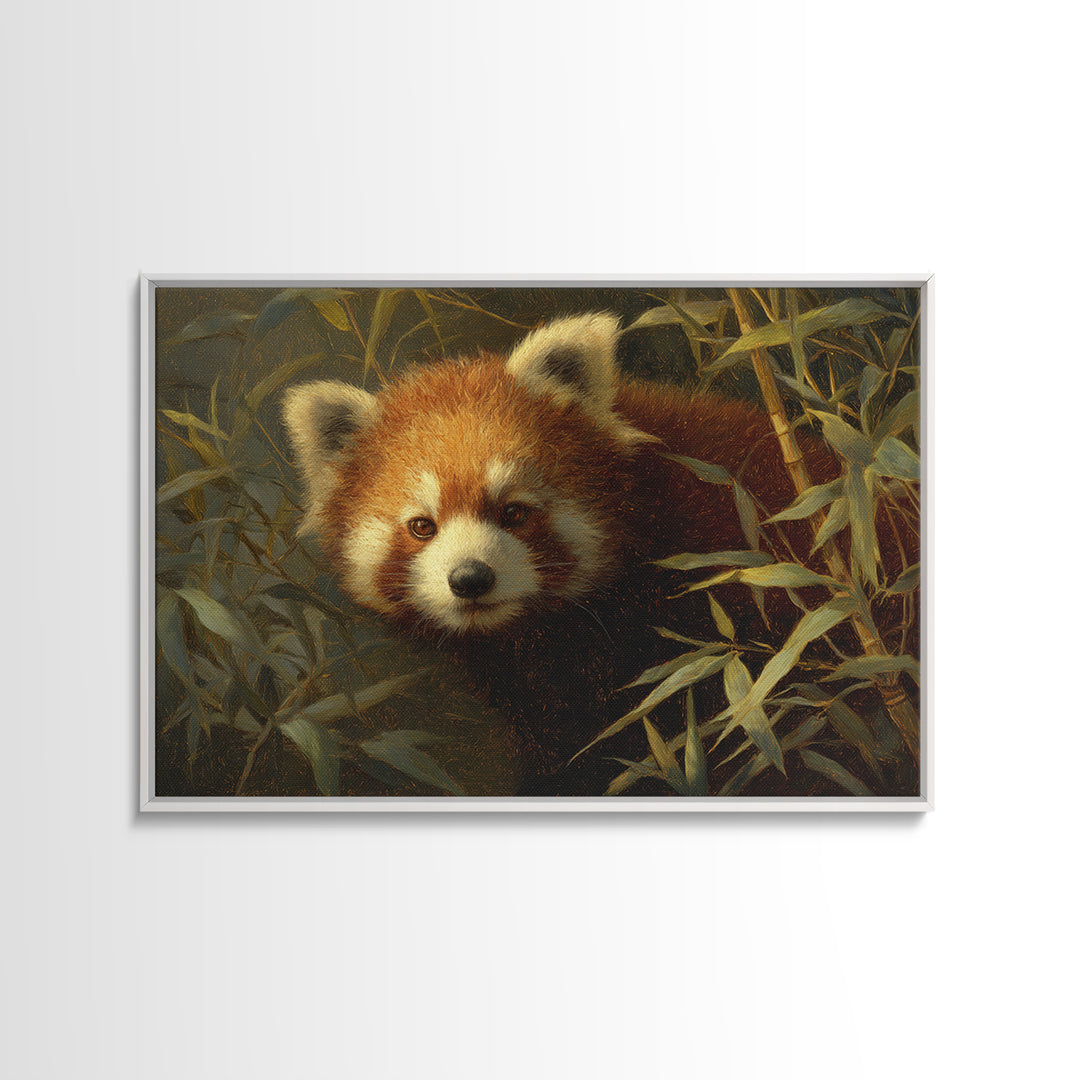 Red Panda Among Bamboo Leaves Framed Canvas Print, Wildlife Art, Canvas Print, Living Room Decor, Wild, Forest Wall Art, WIL-3x2-24