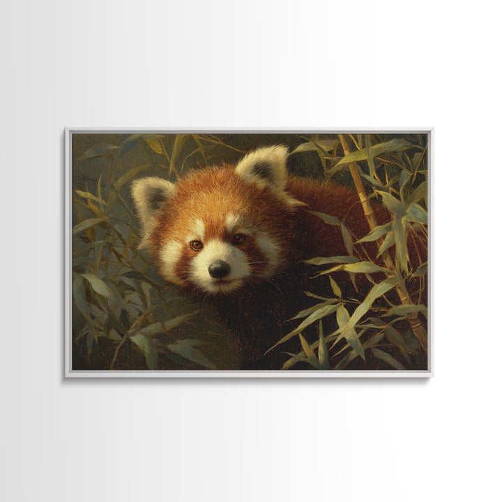 Red Panda Among Bamboo Leaves Framed Canvas Print, Wildlife Art, Canvas Print, Living Room Decor, Wild, Forest Wall Art, WIL-3x2-24