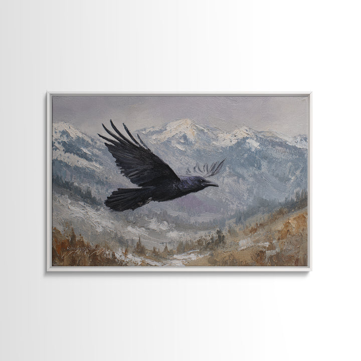 Raven Flying Through Snowy Mountains Framed Canvas Print, Wildlife Art, Living Room Decor, Watercolor Art, Wild, WIL-3x2-28