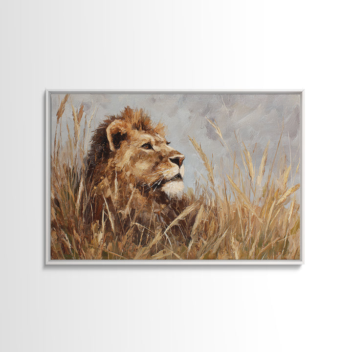 Lion Emerging from Golden Savanna Grass Canvas Print, Wildlife Art, Bird Wall Art, Living Room Decor, Fine Art, Wild, WIL-3x2-29
