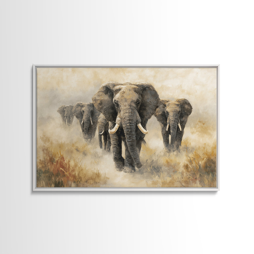 Elephant Herd Walking Through Dusty Sunset Canvas Print, Wildlife Art, Living Room Wall Art, Living Room Decor, Fine Art, Wild, WIL-3x2-30