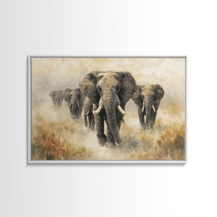 Elephant Herd Walking Through Dusty Sunset Canvas Print, Wildlife Art, Living Room Wall Art, Living Room Decor, Fine Art, Wild, WIL-3x2-30