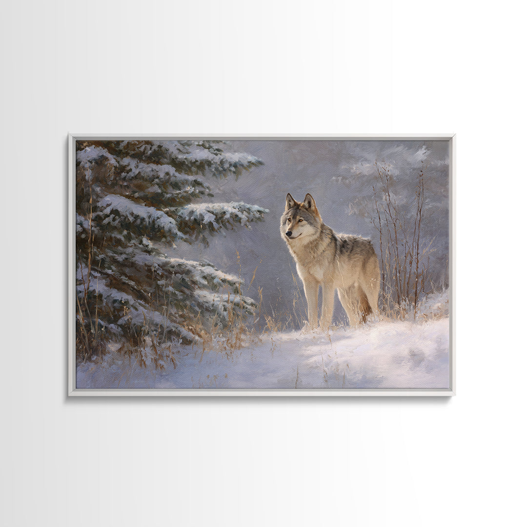 Wolf Standing Beneath Snowy Pine Trees Framed Canvas Print, Wildlife Art, Canvas Painting, Living Room Decor, Fine Art, Wild, WIL-3x2-31